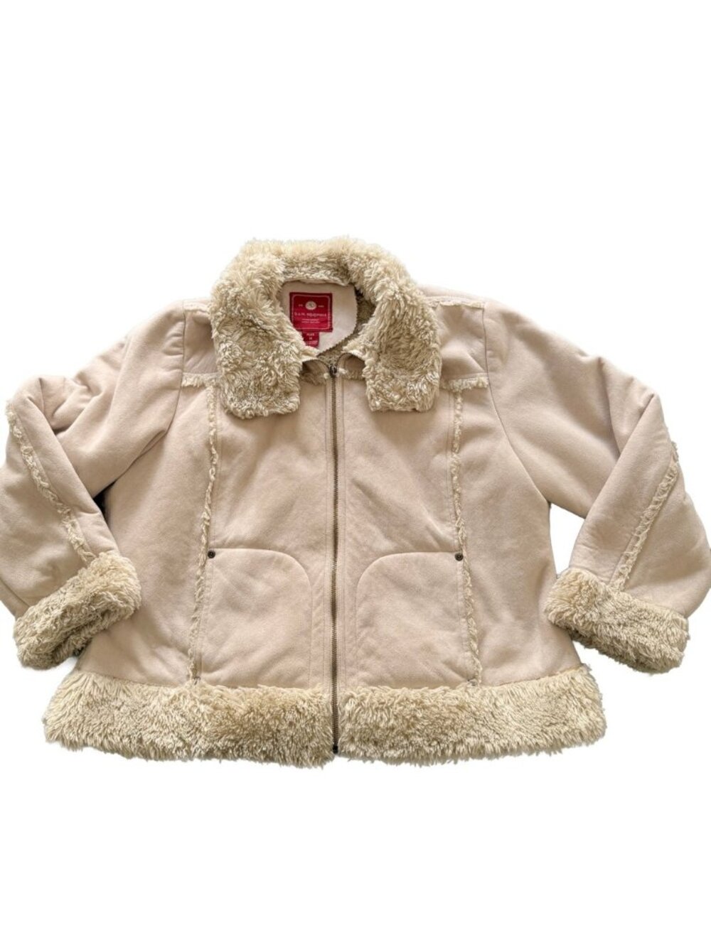 Faux Suede Shearling Trim Zip Jacket Beige B.U.M. Equipment Womens Plus 1X